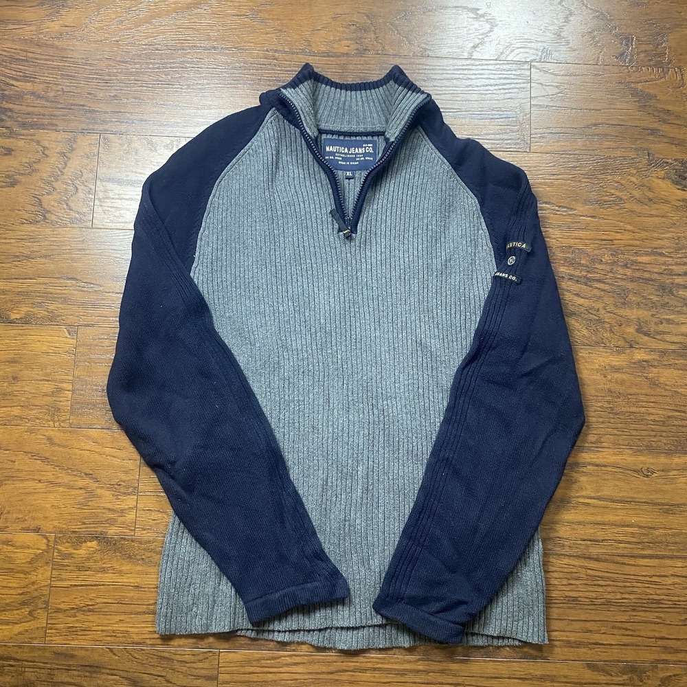 Nautica Jeans Quarter Zip Sweater Men's Size XL Raglan Sleeves Gray Navy Ribbed